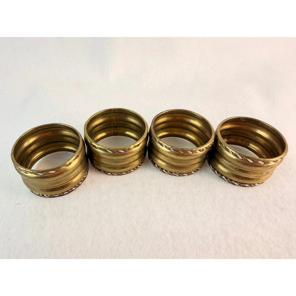 Vintage Brass Napkin Rings Set 4 Ribbed Rope Trim Gold Silver Tone‎ Mid Century